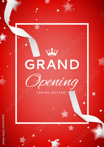 Red invitation to grand opening. Top view on White curved satin ribbons and confetti. Vector illustration.