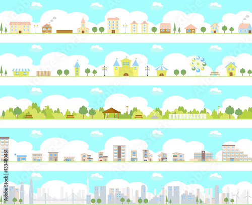 街並み　セット　青空背景