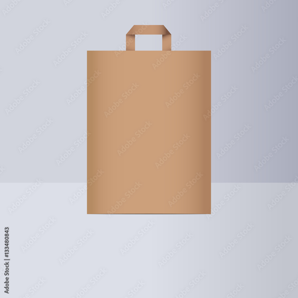 Brown paper bag with handles for shopping on gray background. Mockup for text or design. Vector illustration. Brown paper bag with handles for shopping on gray background. Mockup for text or design. Vector illustration.