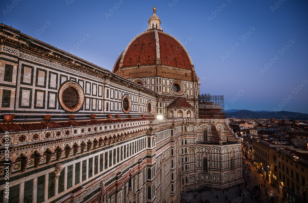 Lights of the sunset over the Basilica of Santa Maria del Fiore in Florence, Italy
