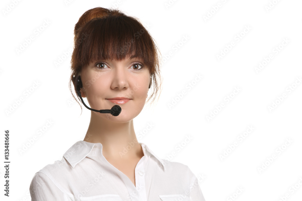 Portrait of a young smiling woman with headset working in a call center. Isolated. Portrait of a young smiling woman with headset working in a call center. Isolated.