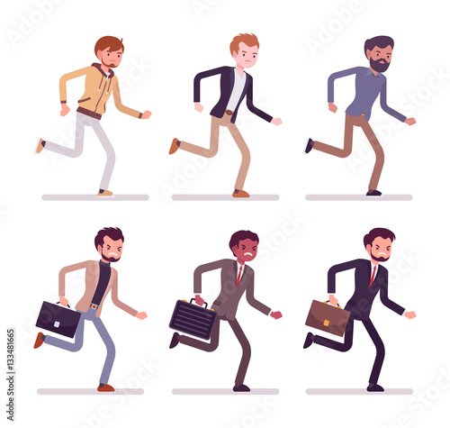 Running men in formal and casual wear