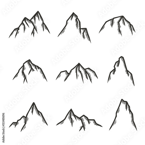 Hand drawn set of mountains. Vector vintage illustration.