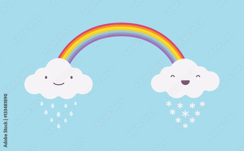 Happy cute rainy and snowy white clouds with a rainbow