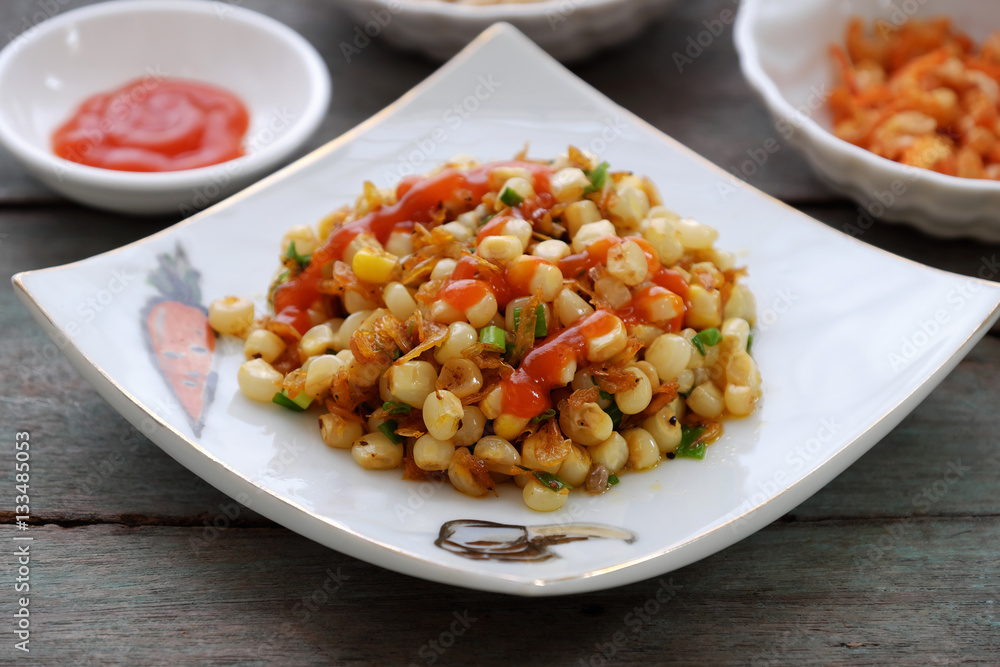 Vietnamese street food, corn fried dried shrimp Vietnamese street food, corn fried dried shrimp