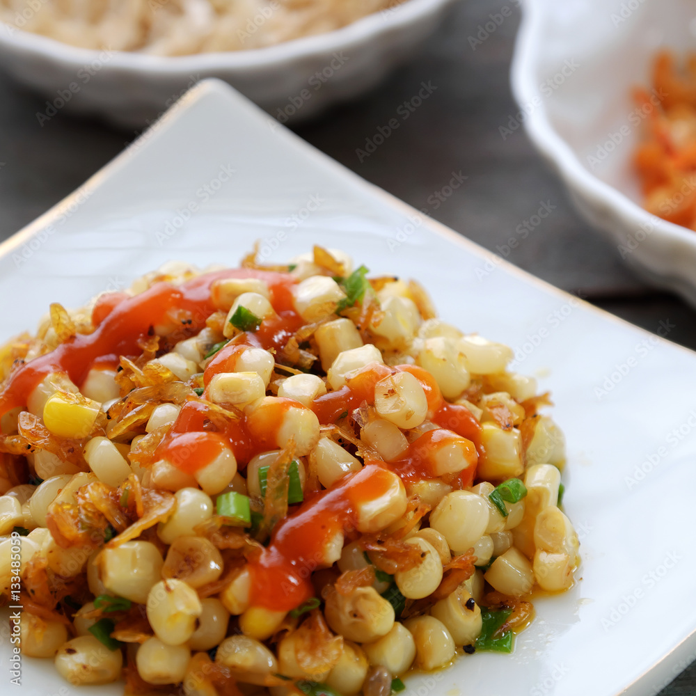 Vietnamese street food, corn fried dried shrimp Vietnamese street food, corn fried dried shrimp