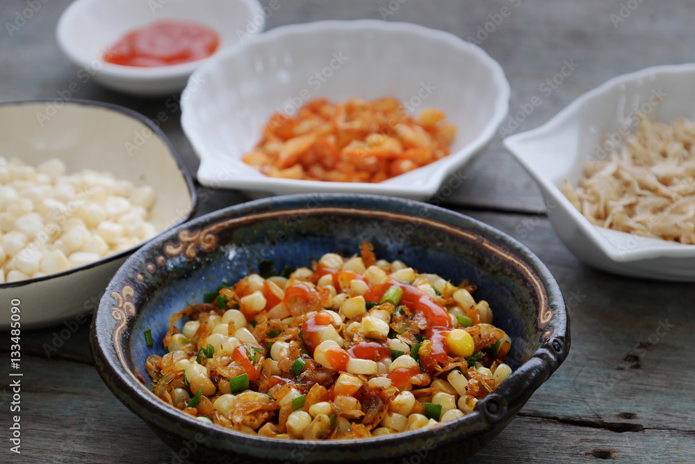 Vietnamese street food, corn fried dried shrimp Vietnamese street food, corn fried dried shrimp