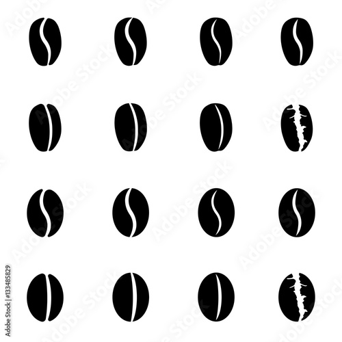 Set of icons representing coffee beans. Roasted coffee plant seeds. Vector Illustration