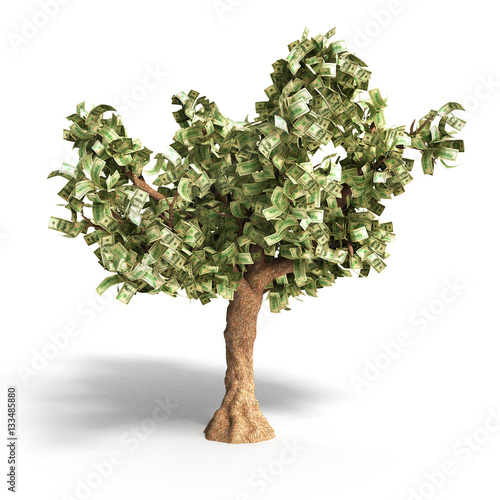 dollar tree with hundred dollar bills on white 3d illustration