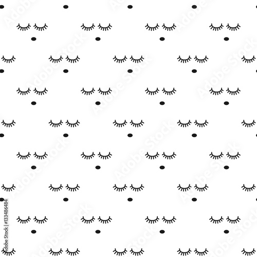 Sleepy face seamless infant vector pattern. Black and white background. Minimalist cute child style textile fabric cartoon scandinavian ornament.