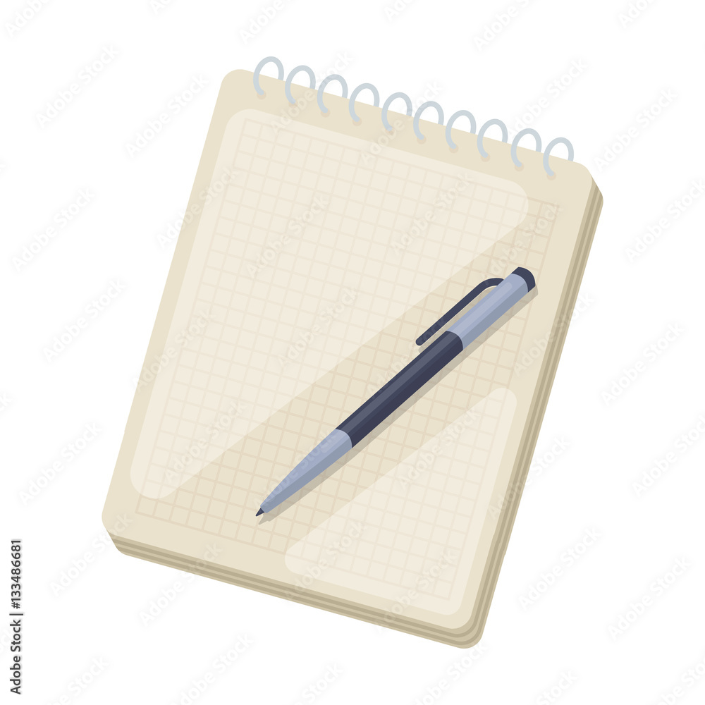 Notebook and pen icon in cartoon style isolated on white background ...