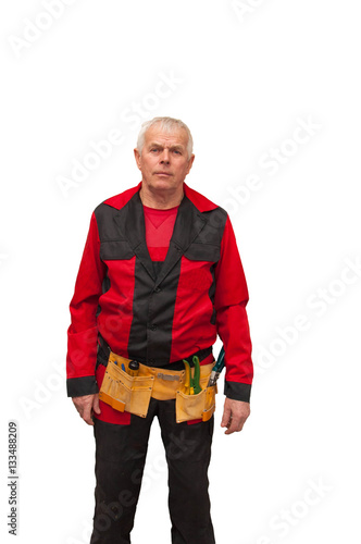 Male Builder in the red-black suit, isolated on white