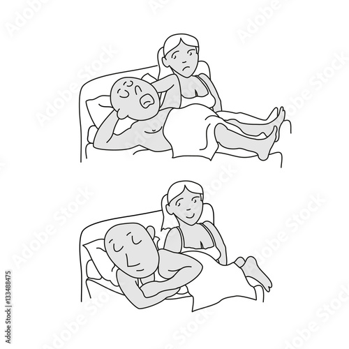 Husband snores. husband and wife lying in bed