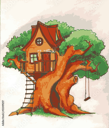 Tree house. House on tree for kids. Children playground with terrace, swing and ladder illustration