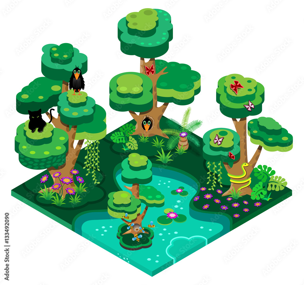 Obraz premium 3d isometric design illustration nature landscape with forest, lake, trees, bees, butterflies, snake and crow. Vector illustration.
