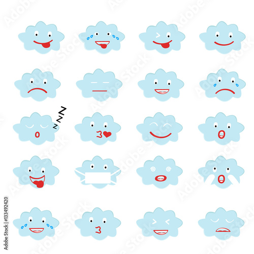 Abstract funny flat style emoji emoticon icon set, blue cloud 