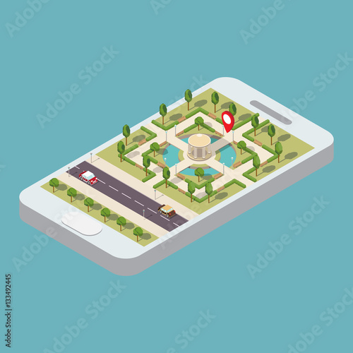 Flat 3d web vector isometric park with the road and phone.Mobile GPS navigation.View a map on the mobile phone on  park and search GPS coordinates.