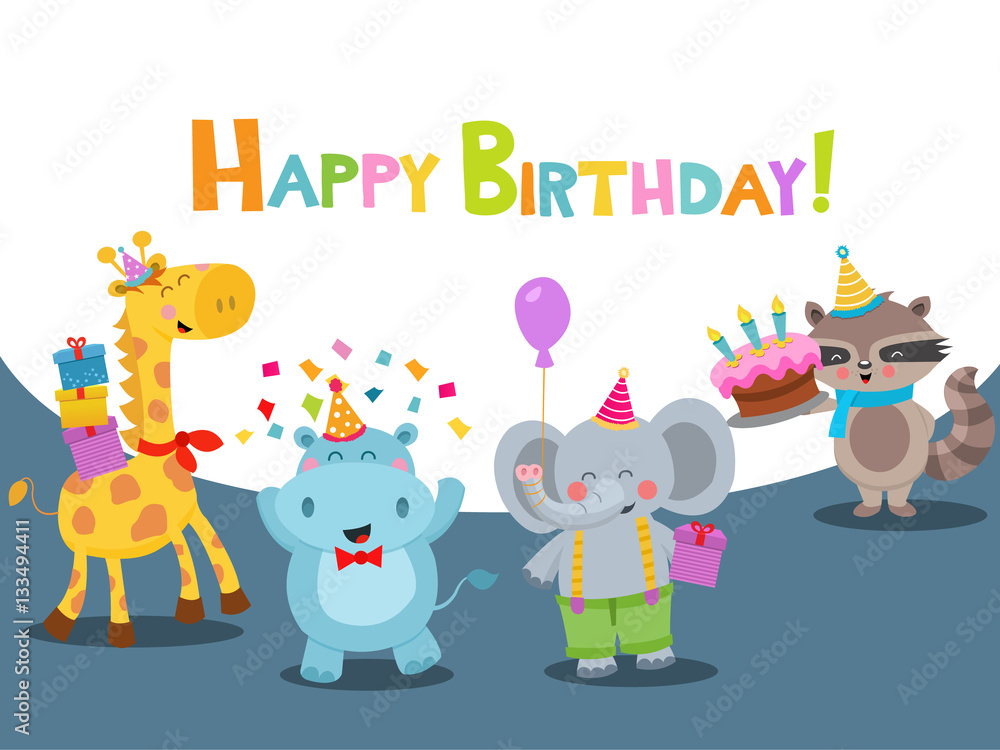 Fototapeta premium Cute Birthday Card With Animals