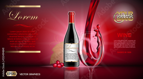 Vector Realistic Wine Glass and Bottle Mock up. Red vine grapes. Natural vibrant background with place for your branding. 3d illustration  future design or Advertise of  product