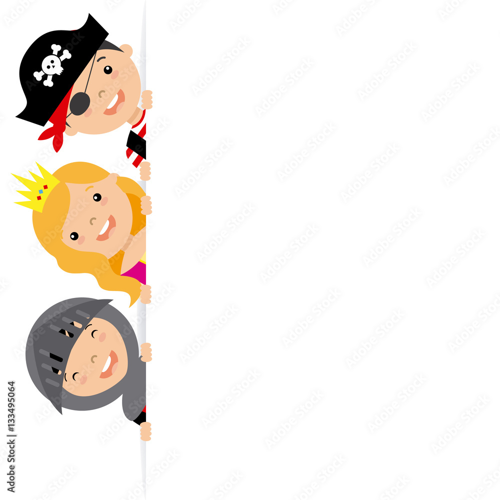 costume party card. Pirate, warrior and princess with poster. costume party card. Pirate, warrior and princess with poster.