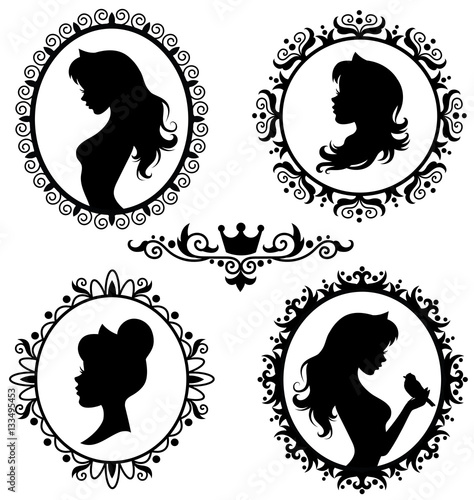 Set of silhouettes of princess. Isolated on white. 