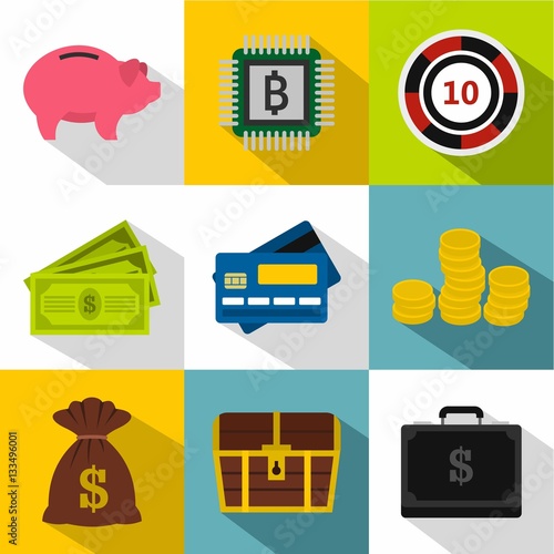 Monetary resource icons set, flat style