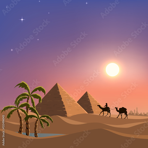 Cartoon illustration of small oasis in the desert.