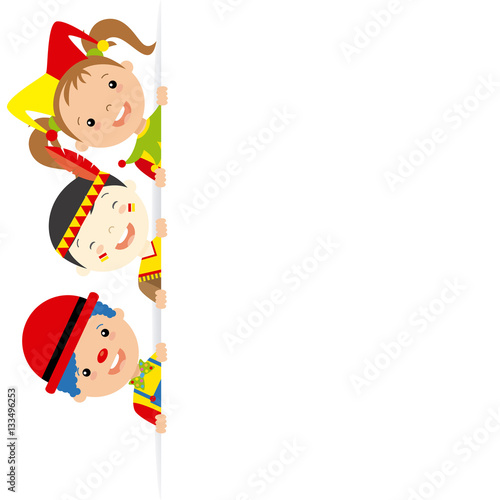 costume party card. Clown, harlequin and indian with poster.