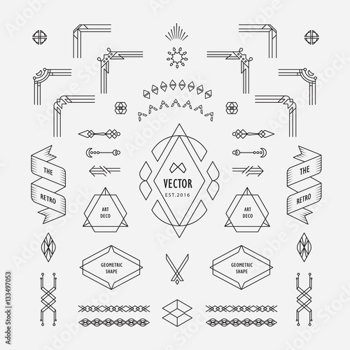 Set of vintage linear thin line art deco retro design geometric