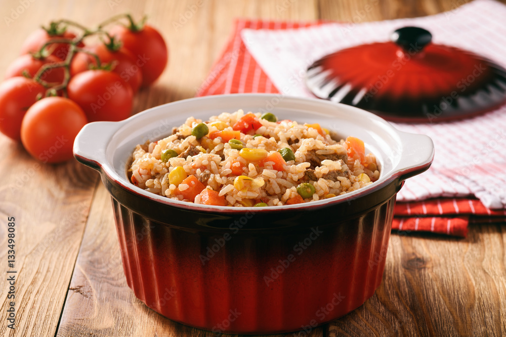 Rice prepared with beef and vegetables. Rice prepared with beef and vegetables.