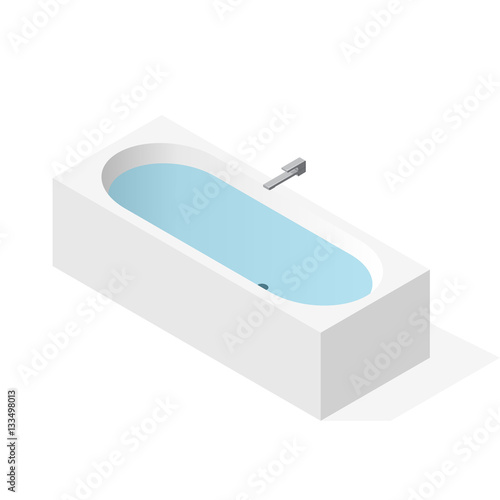 Modern bathtub filled with water. Vector bath tub in isometric perspective. Isolated sanitary equipment purchased with modern water battery tap. Rectangular bathroom fixtures in family house apartment