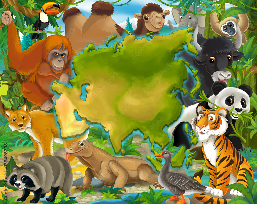 Cartoon animals of asia - map - space for title - illustration for