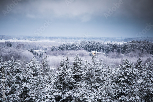 A beautiful winter landscape in nordic Europe in gray, overcast day - a view from watchtower