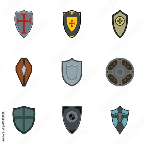 Protective shield icons set, flat style