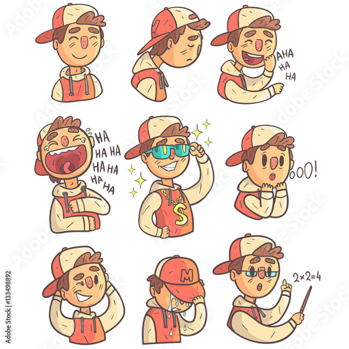 Boy In Cap And College Jacket Collection Of Hand Drawn Emoji Cool Outlined Portraits