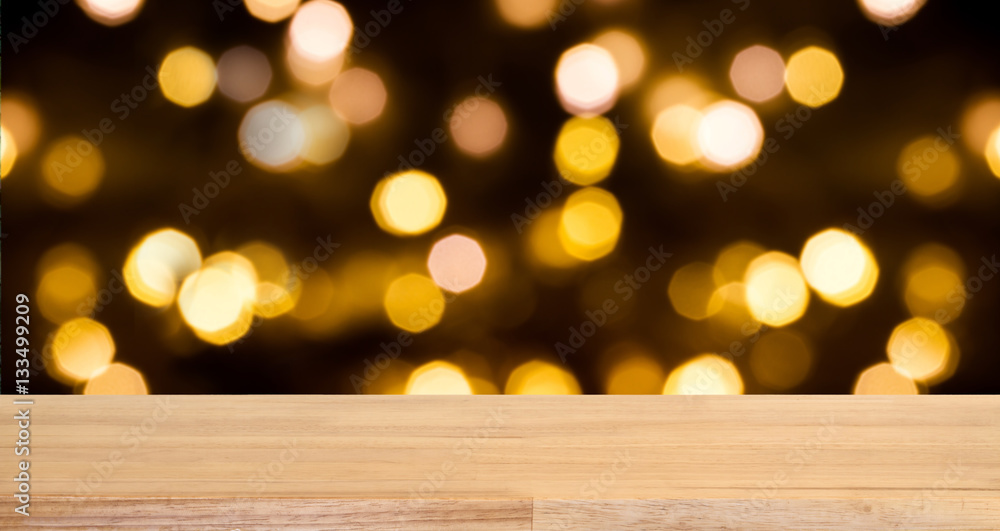 light bokeh background with empty wooden deck table