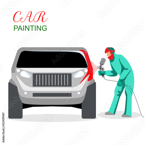 Car painting. A man spray painting auto body. Vector illustration isolated on white background.