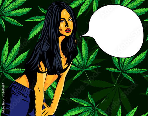 Design vector template with sexy lady undressing and cannabis leafs