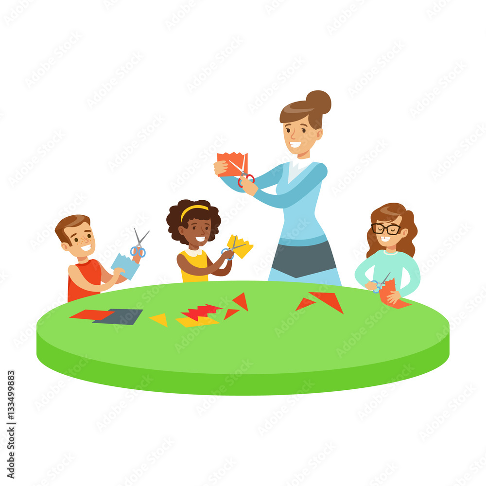 Three Children In Art Class Crafting Applique Cartoon Illustration With Elementary School Kids And Their Teacher In Creativity Lesson Three Children In Art Class Crafting Applique Cartoon Illustration With Elementary School Kids And Their Teacher In Creativity Lesson