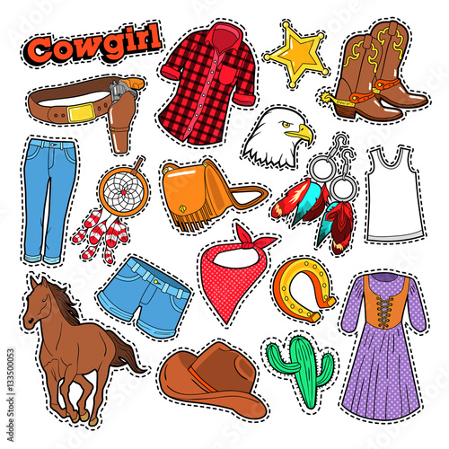 Cowgirl Doodle for Scrapbook, Stickers, Patches, Badges with Horse and Spurs. Vector illustration
