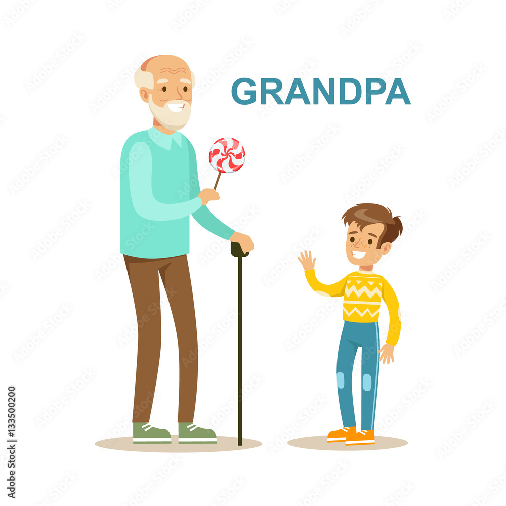 Fototapeta premium Grandpa Giving Candy To Grandson, Happy Family Having Good Time Together Illustration