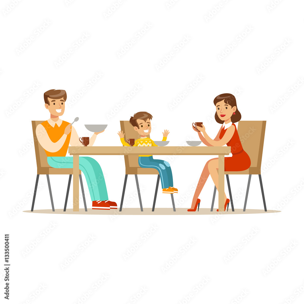 Mom, Dad And Son Having Breakfast , Happy Family Having Good Time Together Illustration