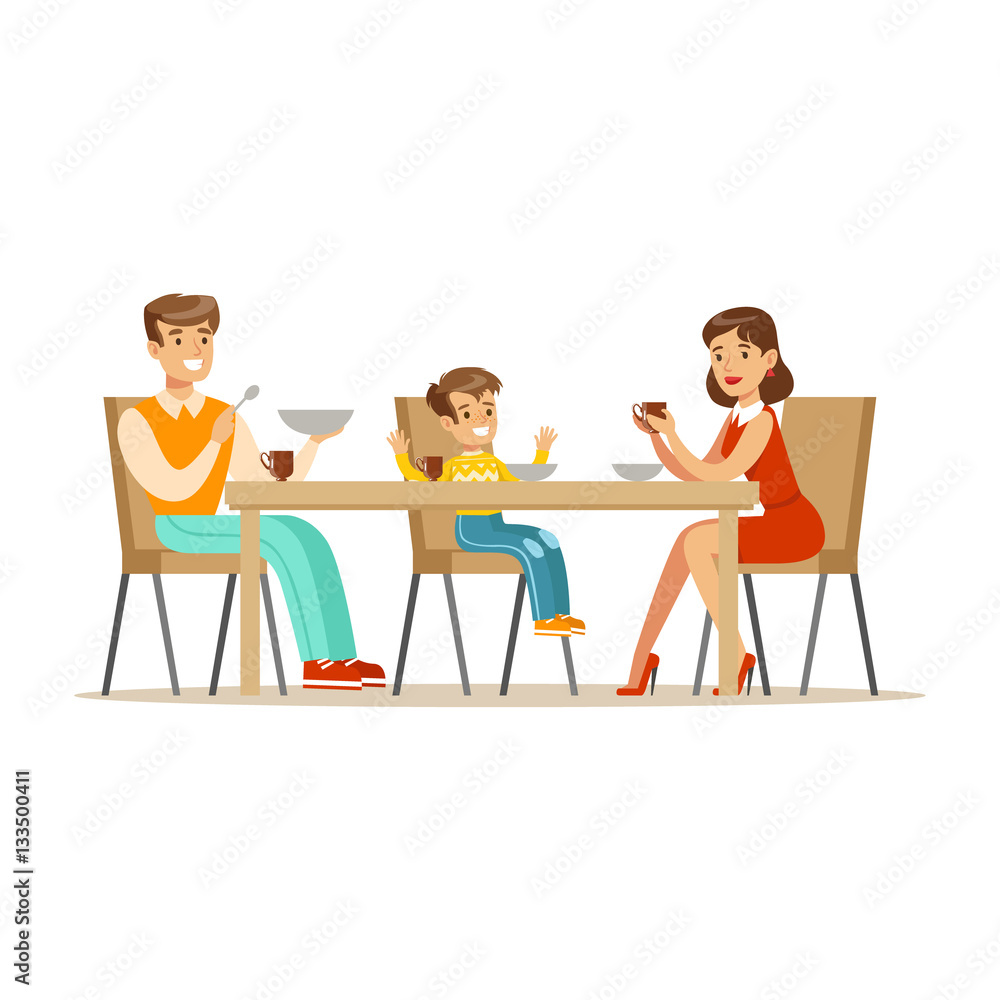 Mom, Dad And Son Having Breakfast , Happy Family Having Good Time Together Illustration Mom, Dad And Son Having Breakfast , Happy Family Having Good Time Together Illustration