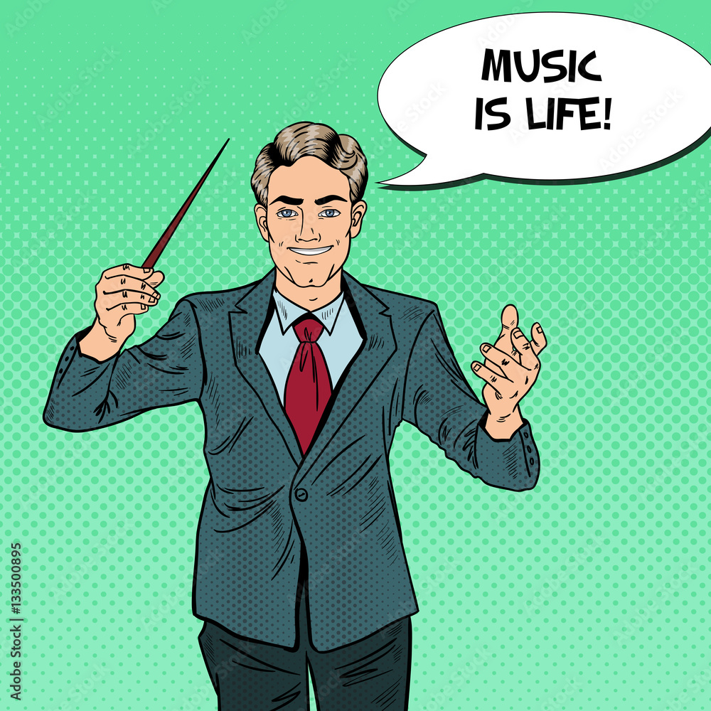 Pop Art Music Conductor Man with a Baton. Vector illustration