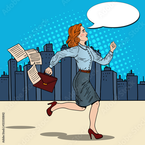 Pop Art Business Woman with Briefcase Running to Work. Vector illustration