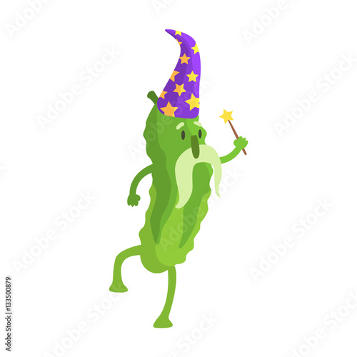 Cucumber In Wizard Costume With Magic Wand, Part Of Vegetables In Fantasy Disguises Series Of Cartoon Silly Characters