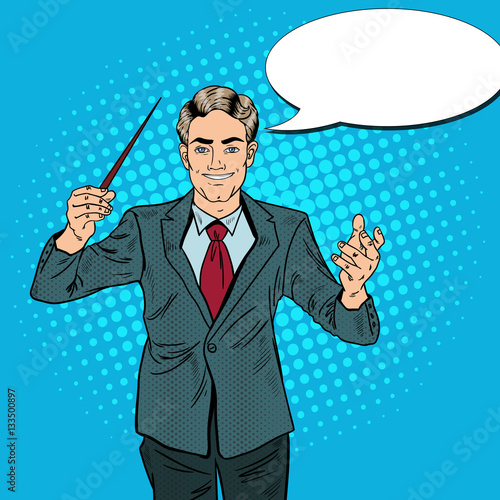 Pop Art Music Conductor Man with a Baton. Vector illustration