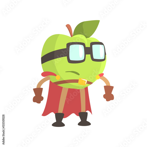 Apple In Glasses Wearing Cape Superhero Costume, Part Of Fruits In Fantasy Disguises Series Of Cartoon Silly Characters