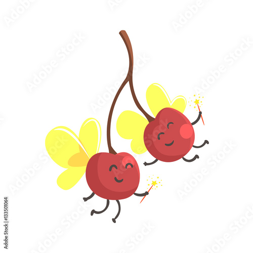 Pair Of Cherries With Wings In Fairy Costumes, Part Of Vegetables In Fantasy Disguises Series Of Cartoon Silly Characters
