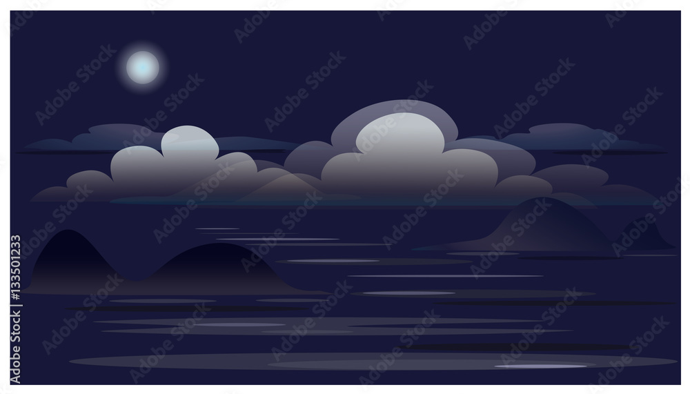 Landscape with clouds, Moon, ocean, islands.